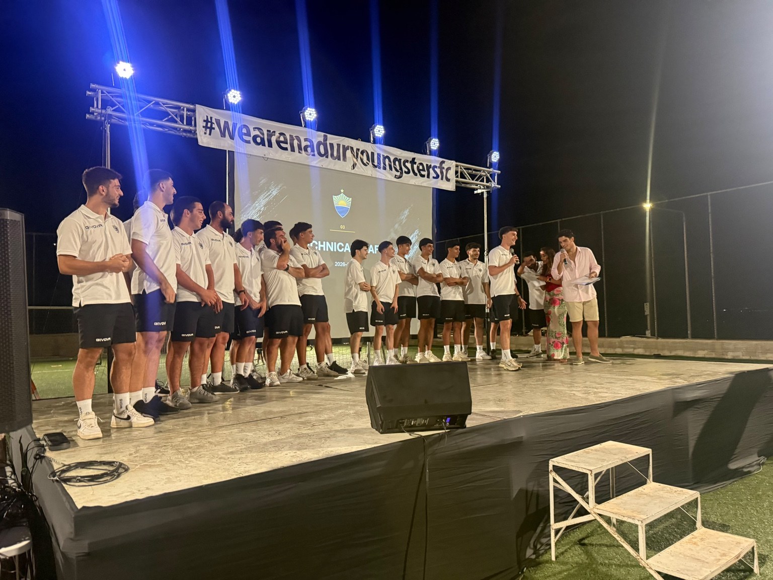 Nadur Youngsters first-team squad on stage